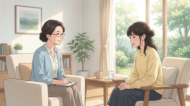 心理士が相談者の話に耳を傾けるカウンセリングシーンです。柔らかな夏の光と落ち着いた室内空間が安心感を演出しています。
