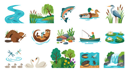 Obraz premium Flat Vector Illustrations of Freshwater Ecosystems, Aquatic Wildlife, and Nature Habitats Collection.
