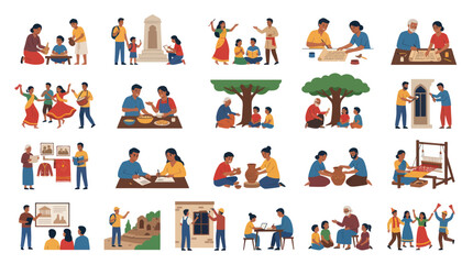 Naklejka premium Indian Cultural Heritage Traditions: Intergenerational Learning, Traditional Crafts Flat Vector Set