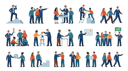 Fototapeta premium Business Teamwork and Leadership Flat Vector Illustration Set. Collaborative People Concepts for Corporate Growth.