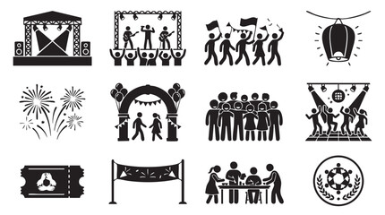 Obraz premium festival, celebration, party icons, 12 black silhouette graphics, event symbols