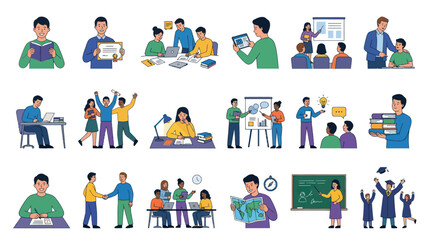 Fototapeta premium Education Learning Flat Vector Illustration Set Depicting Students, Teachers, Studying, and Academic Process
