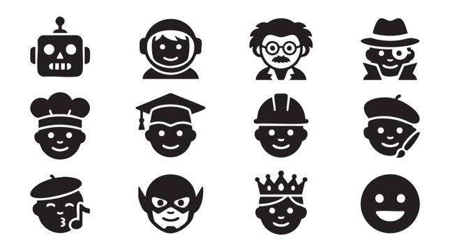Black icon set, people faces, characters, avatars, emoticons, 12 pcs