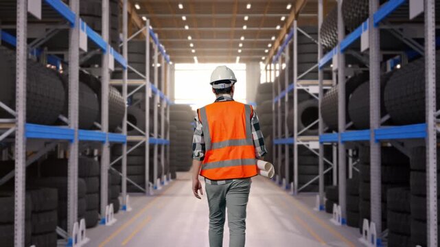 Back of Asian Male Engineer Holding Blueprint While Walking at Tire Warehouse Interior with Industrial Shelving Racks