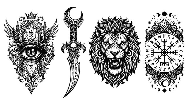 Mystical Symbols: Evil Eye, Dagger, Lion, Runes - Tattoo Designs