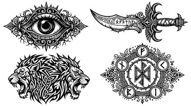 Mystical Ornate Symbols: Evil Eye, Dagger, Lion Heads, Rune Circle
