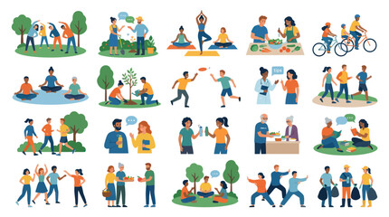 Fototapeta premium Healthy Lifestyle and Community Activities Flat Vector Illustration with People in Wellness Concepts