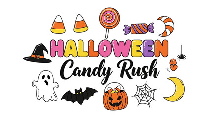 Fototapeta premium Halloween Candy Rush Graphic Elements: A whimsical collection of Halloween-themed illustrations, featuring candy, a witch hat, a ghost, a bat, pumpkins, and spooky decorations.