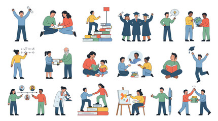 Fototapeta premium Education and Learning People Flat Vector Illustration Set with Students, Teachers, and Academic Achievements