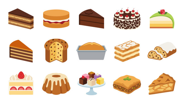 Flat Vector Icons Set of Delicious Bakery Cakes and Pastries. Food Industry Dessert Collection for Sweet Treats.