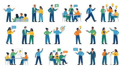 Fototapeta premium Flat Vector Illustration Set of Business People: Communication, Teamwork, Meetings, and Learning Concepts