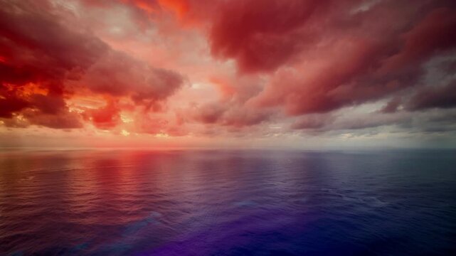 Dramatic Red and Purple Sky over Calm Ocean Surface Cinematic Landscape for Moody Backdrop