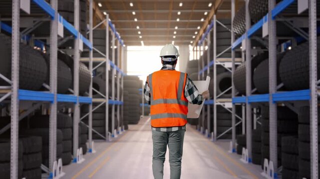 Back of Asian Male Engineer Looking At Blueprint In His Hands While Walking at Tire Warehouse Interior with Industrial Shelving Racks