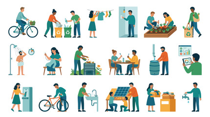 Fototapeta premium Eco-Friendly Sustainable Lifestyle Flat Vector Set: Green Energy, Recycling, Water Conservation, Waste Reduction