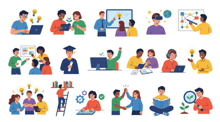 Fototapeta premium Education and Technology Flat Illustration Set: Diverse People Learning, Studying, Innovating, and Collaborating