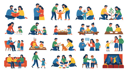 Fototapeta premium Family Life and Parenting Activities Flat Illustration. Parents and Children Bonding, Learning, Playing, Growing. Childhood Development Vector.