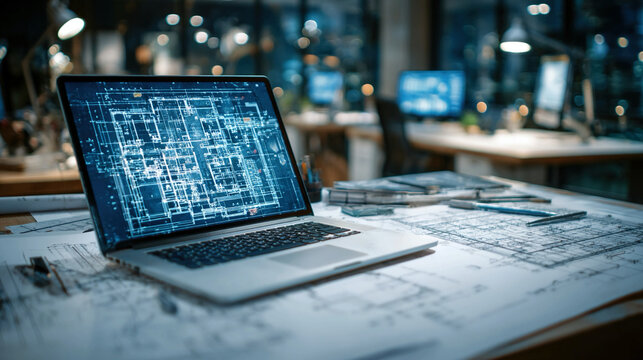 Digital blueprint on laptop screen with architectural software modern design workflow concept engineering planning with documents and construction layout in office environment