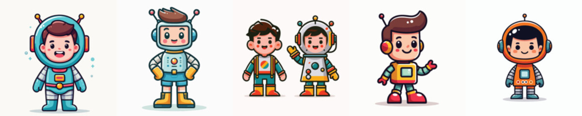 A group of cartoon astronauts standing together. © KangMour