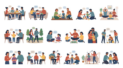 Fototapeta premium Diverse Family Activities Vector Illustrations, Flat Design Style