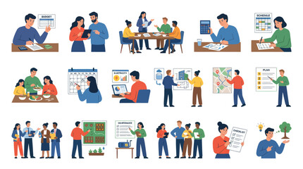Fototapeta premium Business Planning and Management Flat Vector Illustrations. People Working on Budget, Schedule, and Projects.
