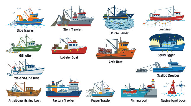 Fishing Boat Types Collection: Side Trawler, Lobster Boat, Crab Boat, Squid Jigger, etc.