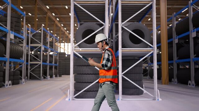 Side View of Asian Male Engineer Taking Note on Tablet While Walking at Tire Warehouse Interior with Industrial Shelving Racks