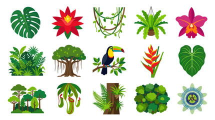 Fototapeta premium Flat Vector Icons of Tropical Jungle Flora and Fauna - Exotic Plants, Flowers, Leaves, Trees, and Toucan