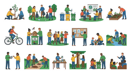 Fototapeta premium Environmental Protection Sustainability Flat Vector Illustration Set: People Engaging in Eco-friendly Activities