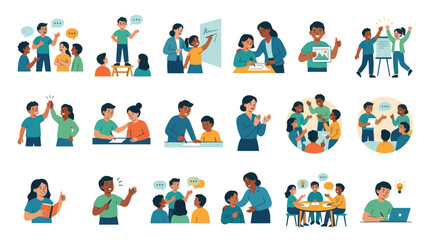 Fototapeta premium Flat Vector Illustrations: Diverse Kids, Students Teachers Engaged in Education and Learning Activities