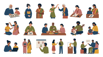 Fototapeta premium Diverse Family and Cultural Activities, Flat Style Vector Art