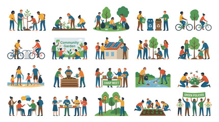 Naklejka premium Diverse People Engage in Green Activities: Planting, Recycling, Biking, Community Garden, Swap Meet, Eco-Friendly