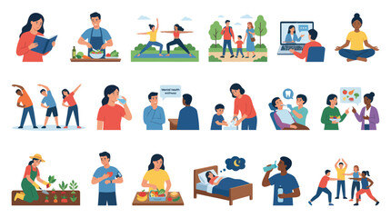 Fototapeta premium Healthy Lifestyle Flat Vector Icons: Activity, Diet, Wellness, Family, Care