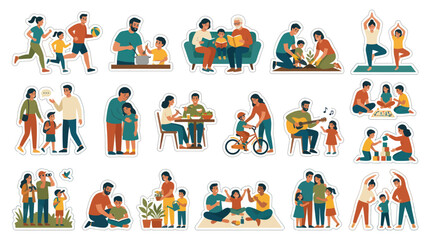 Fototapeta premium Flat Vector Illustrations of Happy Families Engaging in Diverse Activities