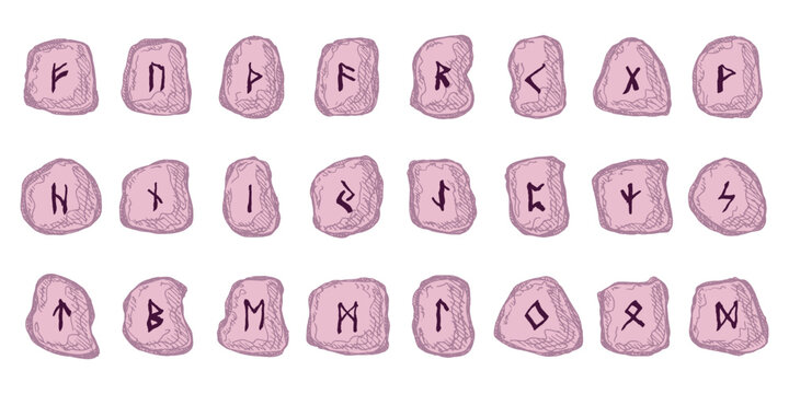 Set of hand drawn viking runes Rune stones with ancient norse alphabet characters engraved on them Scandinavian futhark germanic celtic Single element for design, print, web, decor