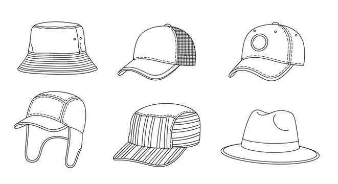 Collection of various hat styles including bucket hat, baseball cap, and fedora shown in black and white line art vector illustrations.