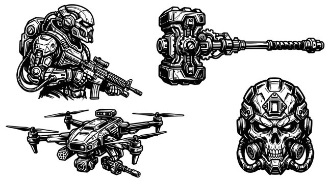 Sci-Fi Soldier, Drone, Hammer, Skull - Futuristic Military Concept Art