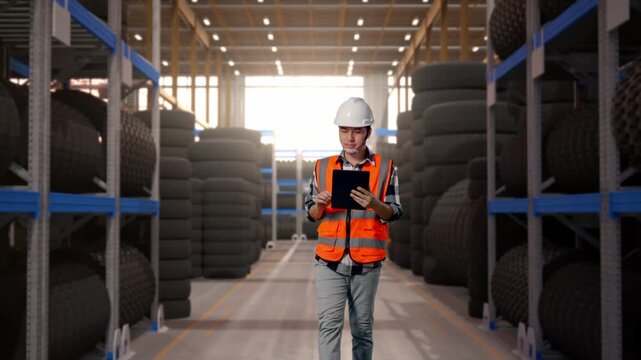 Front View of Asian Male Engineer Use Tablet While Walking at Tire Warehouse Interior with Industrial Shelving Racks