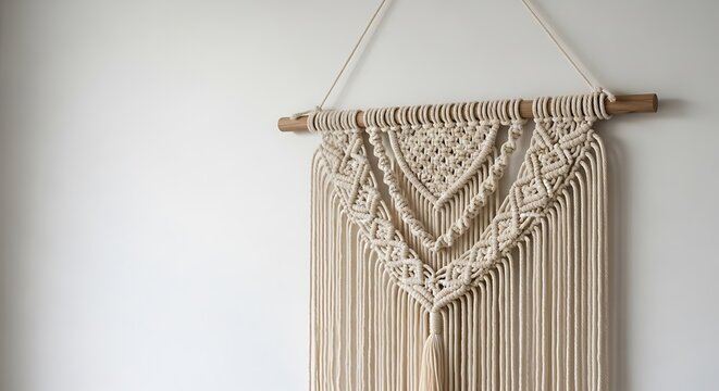 Minimalist Boho Macrame Wall Hanging on White Wall