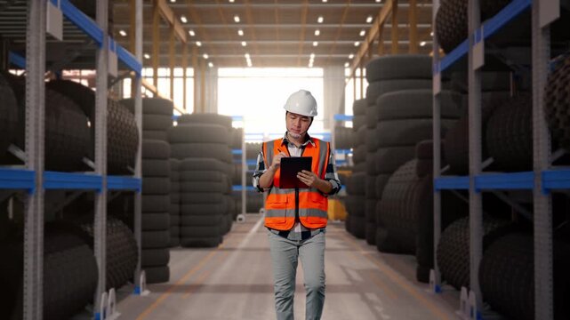 Front View of Asian Male Engineer Taking Note on Tablet While Walking at Tire Warehouse Interior with Industrial Shelving Racks
