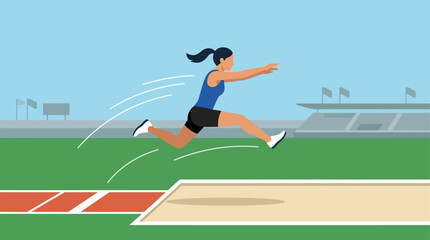 Obraz premium A graceful flat design illustration of an Asian female long jumper in mid-air, capturing the power and elegance of the sport.