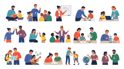 Fototapeta premium Education and Child Development: Adults Teaching Children in Diverse Learning Settings Flat Vector Illustration