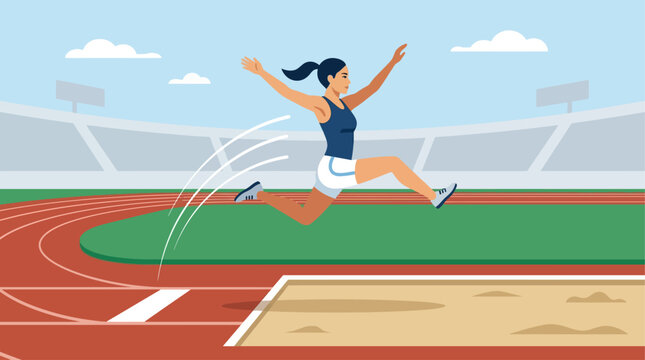 A graceful flat design illustration of an Asian female long jumper in mid-air, capturing the power and elegance of the sport.