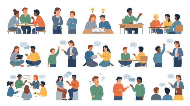Flat Vector Illustration Set of Diverse People in Education  Business Discussing, Learning, and Communicating