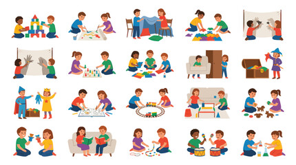 Naklejka premium Kids Playing Educational Games and Creative Activities Set. Happy Childhood Development Flat Vector Illustrations.
