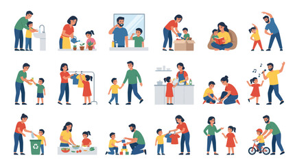 Fototapeta premium Parenting Family Lifestyle: Kids Learning Daily Tasks Flat Vector Illustration Set