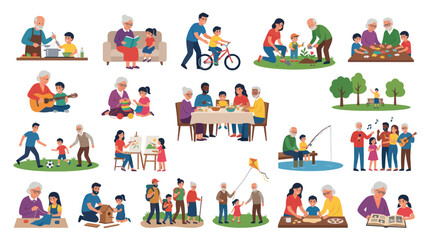 Fototapeta premium Intergenerational Family Life Activities. Grandparents, Parents, and Children Bonding. Flat Vector Illustration.