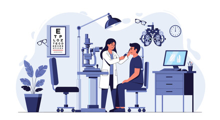 Fototapeta premium Female ophthalmologist examining a male patient eye in a clinic equipped with medical machines and an eye chart on the wall.