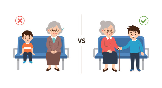Educational illustration showing the wrong behavior of a boy sitting while an old woman stands versus the right behavior of helping her.