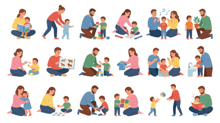 Fototapeta premium Parenting and Childhood Development Flat Illustration Set: Happy Parents and Kids Learning and Playing