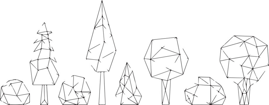 Geometric abstract trees and rocks rendered in minimalist line style with directional arrows indicating construction or movement